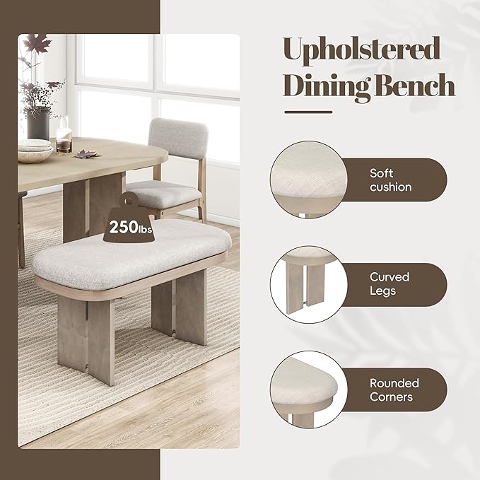 Merax Farmhouse Wooden Dining Set of 6, 65 Inch Rectangular Kitchen Table, Upholstered 4 Chairs with Backrest, Bench with Cushion, Easy Assemble, Natural