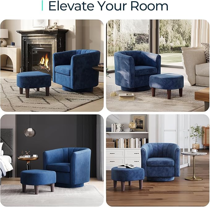 LINSY Swivel Accent Chair with Ottoman: Small Velvet Barrel Chair 360 Swivel Modern Armchair, Upholstered Reading Chair with Footrest for Living Room Bedroom Study Room (Blue)