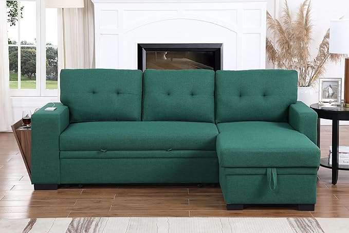 Ball & Cast Sectional Sleeper Sofa Bed,L-Shape Pull Out Couch,4 in 1 Pull-Out Sofabed W/Reversible Storage Chaise,USB Ports & Cup Holder,Convertible Sleeper Corner Couch W/Pull Out Bed,for Living Room