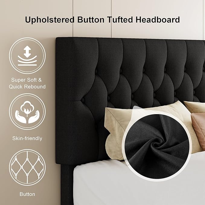 Feonase Queen Platform Bed Frame with Button Tufted Headboard, Upholstered Linen Bed with Wooden Slats Support, No Box Spring Needed, Easy Assembly, Noise-Free, Black