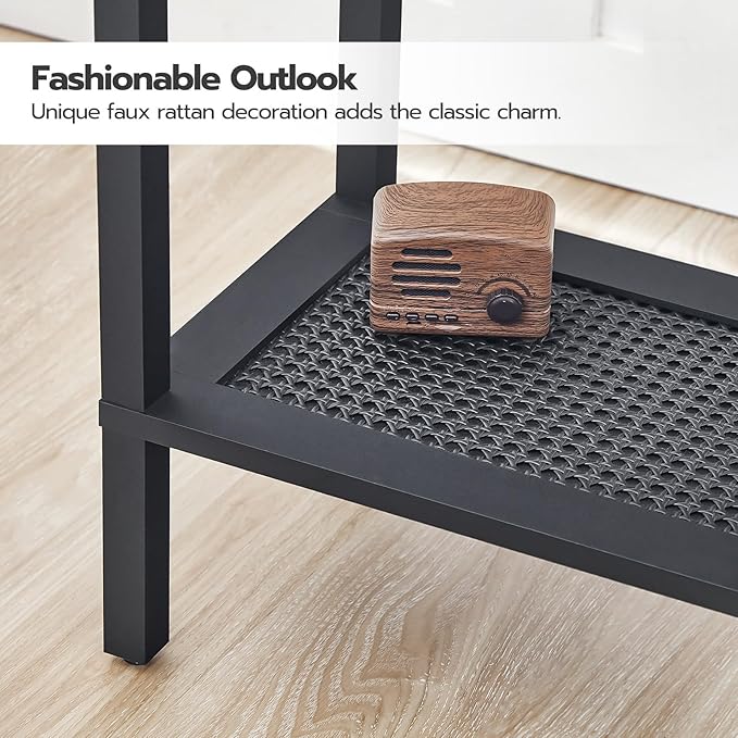 HOOBRO Side Table with Charging Station, End Table with USB Ports and Outlet, Nightstand with Storage Shelf, Faux Rattan Decoration, for Living Room, Bedroom, Black BK91UBZ01
