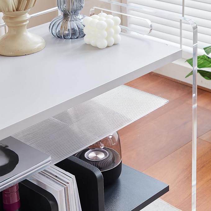 Acrylic Record Player Stand，Vinyl Storage Holder Cabinet with Wheels，Large Turntable Stand with Shelf,Coffe Table Movable End Table Nightstand Stereo Cabinet for Living Room Bedroom Office
