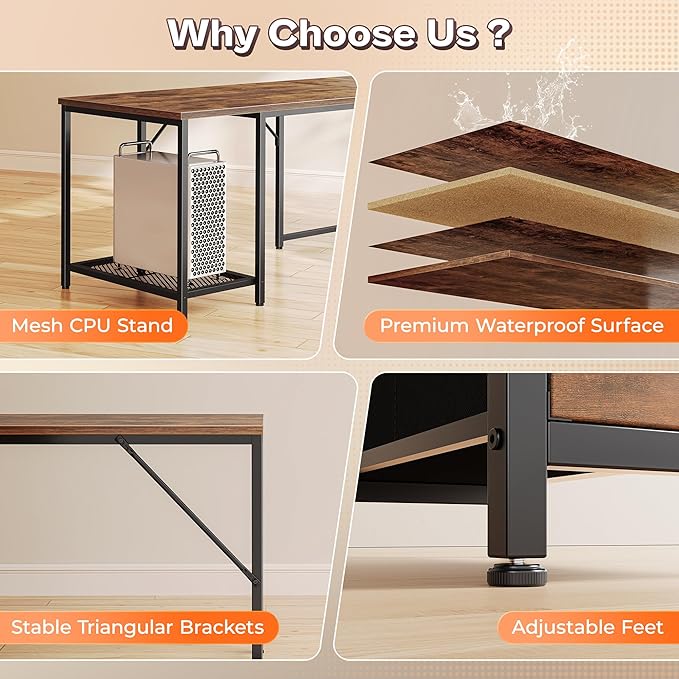 PRAISUN 66 Inch L Shaped Computer Desk with Power Outlets and LED Lights, Home Office Desk with Fabric Drawers and Print Stand, L Shape or Long Set up, Monitor Stand, Mesh CPU Stand, Rustic Brown