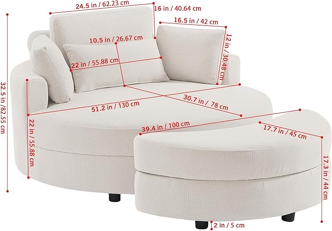51.2'' Oversized Barrel Armchair with Storage Ottoman，Round Single Reading Upholstered Chairs,Recliner Sofa Chaise with 4 Movable Pillows for Living Room(Green+Linen)