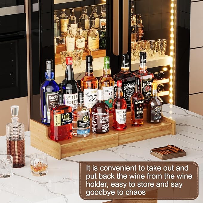 X-cosrack Expandable Liquor Bottle Display Shelf, Tabletop Wine Rack, Countertop Coffee Syrup Organizer Rack, Bamboo Bottle Stand for Liquor Whiskey Display Bar Shelves, Home Bar Display