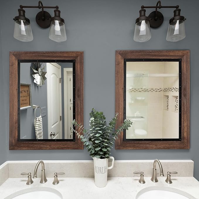 YOSHOOT Rustic Wooden Framed Wall Mirror, 40"x26", Natural Wood and Iron Bathroom Vanity Mirror for Farmhouse Decor, Vertical or Horizontal Hanging