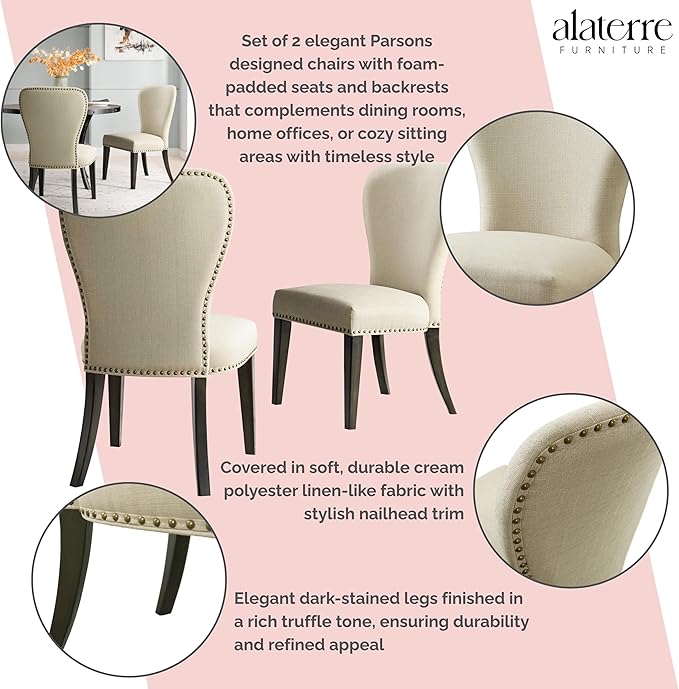 Alaterre Furniture Savoy Upholstered Dining Chairs – Set of 2 Parsons Style Accent Chairs with Cream Linen Fabric, Nailhead Trim, and Dark Stained Legs – for Dining Room, Desk, or Sitting Area