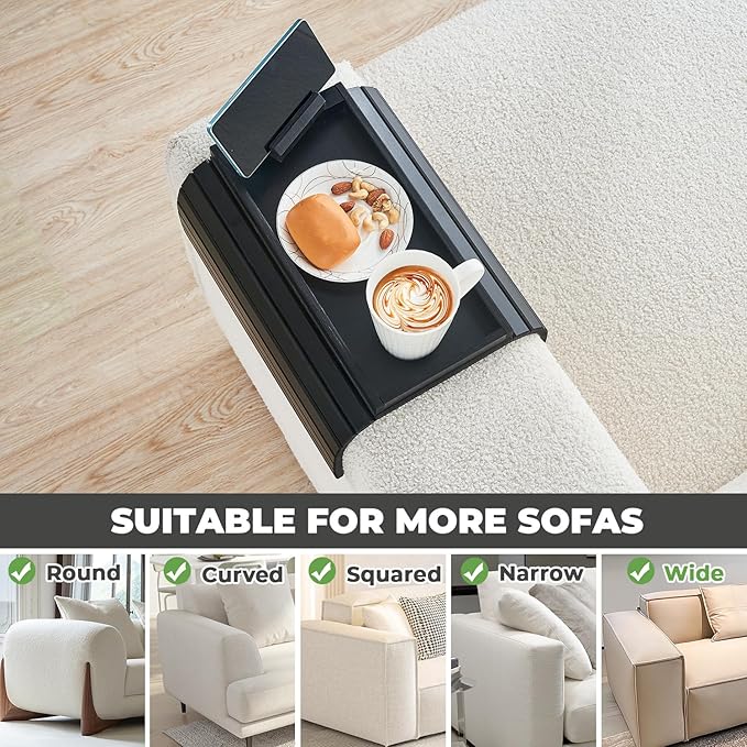 Bamboo Sofa Arm Tray, Anti Falling Couch Arm Tray Armrest Table with 360° Rotating Phone Holder, Foldable and Portable Sofa Armrest Trays Cup Holder for Drink,Cups, Phone, Snacks, Remote