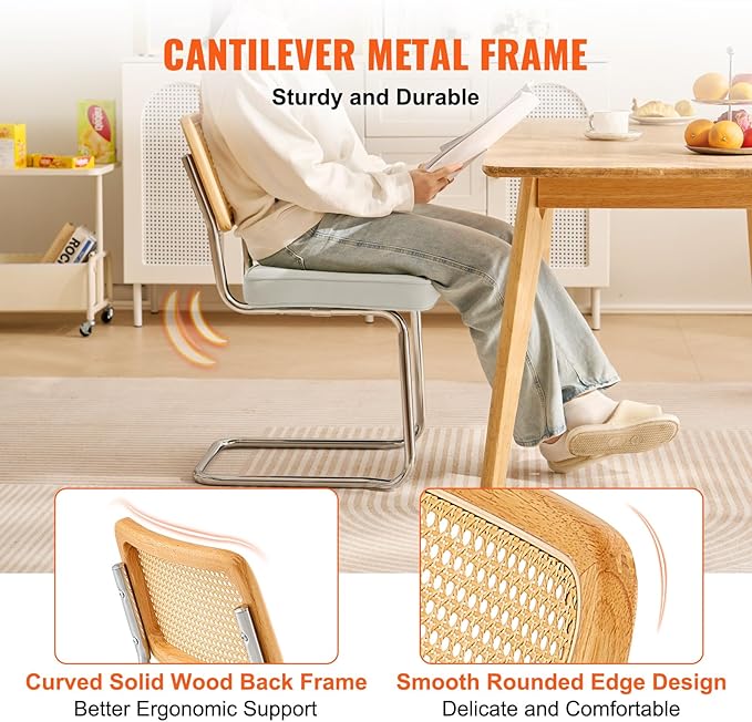 VEVOR Rattan Dining Chairs Set of 4, Mid Century Modern Dining Chair, Upholstered Velvet Accent Chair with Rattan Back, Retro Dining Room Kitchen Chair for Living Room, Bedroom(18.1 Inch)
