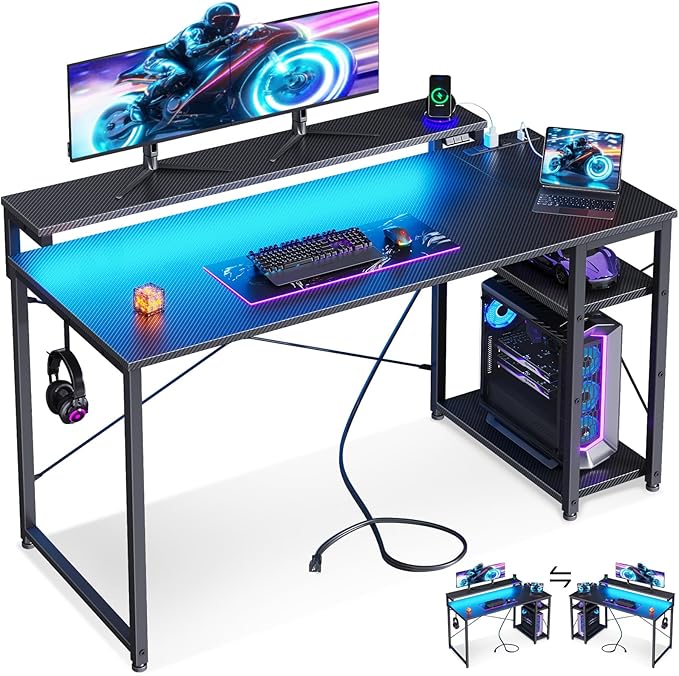 MOTPK 48 Inch Gaming Desk with Storage & Led Lights, Computer Desk with Power Outlet & Shelf, Reversible Gamer Desk with Adjustable Monitor Stand, Carbon Fiber Texture Black