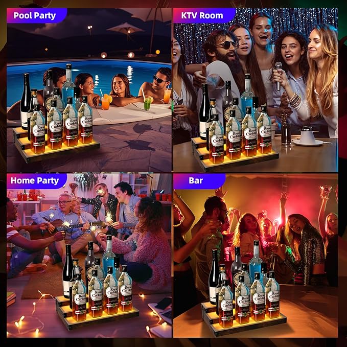 2 Pack 16 Inch LED Lighted Liquor Bottle Display Shelf, 3 Tier LED Bar Shelves, RGB Acrylic Bar Shelf with RF & App Control, 7 Colors, Music Sync& 1-4H Timming, Wine Rack Stand for Bar, KTV, Party