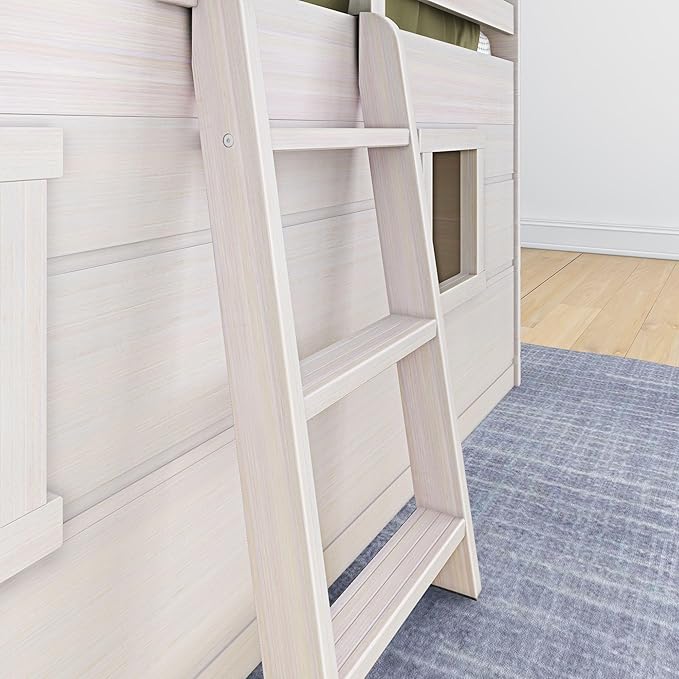 Max & Lily Modern Farmhouse Twin Low Loft Bed with Two Windows - Solid Wood, 15” Guardrails, 400-lb Capacity, Low-VOC Finish, White Wash