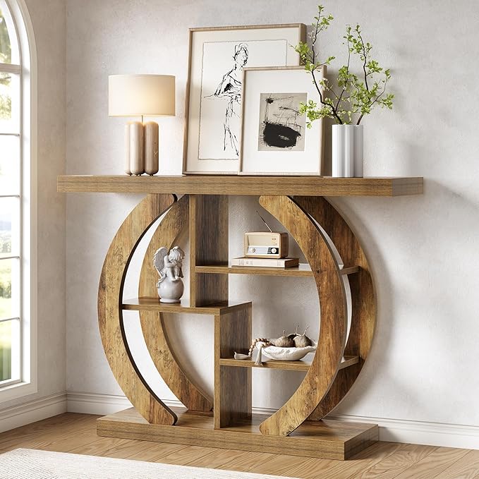 LITTLE TREE Console Table, 4-Tier Farmhouse Wooden Sofa Table Behind Couch, 42.5-Inch Narrow Entryway Hallway Foyer Tables for Living Room, Console Sofa Tables with Storage Shelves, Rustic Brown