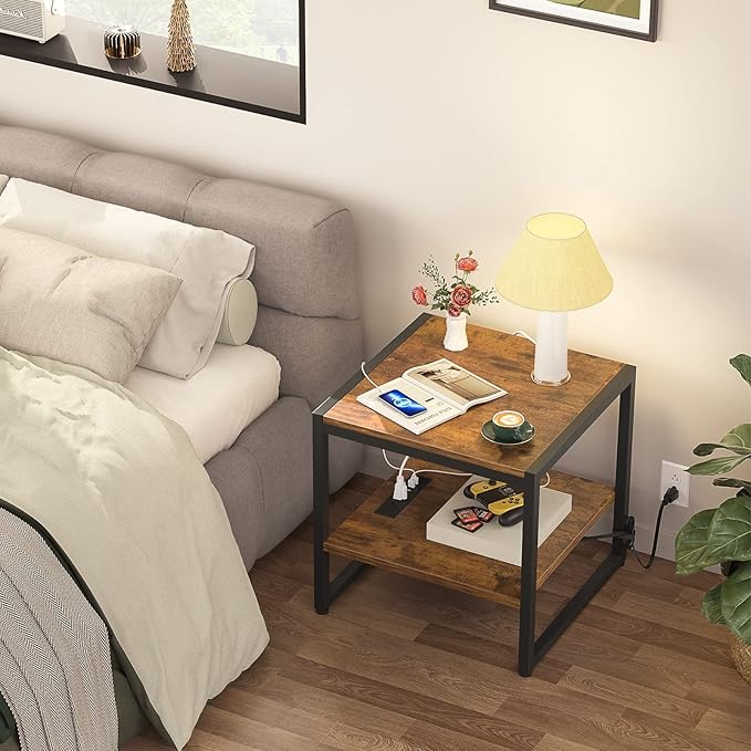 Homieasy End Table with Charging Station, 20 Inch Mini Fridge Stand with 2-Tier Open Shelf, Square Bedside Nightstand & Sofa Side Table for Living Room, Dorm, Office,Rustic Brown