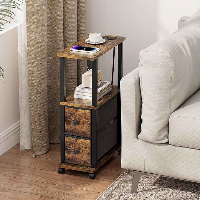 TUTOTAK Small Narrow End Tables, Side Tables with 2 Fabric Drawers, Set of 2, Bedside Tables with Charging Station for Small Spaces, Slim Nightstands with USB Ports and Wheels, TB01BB053C