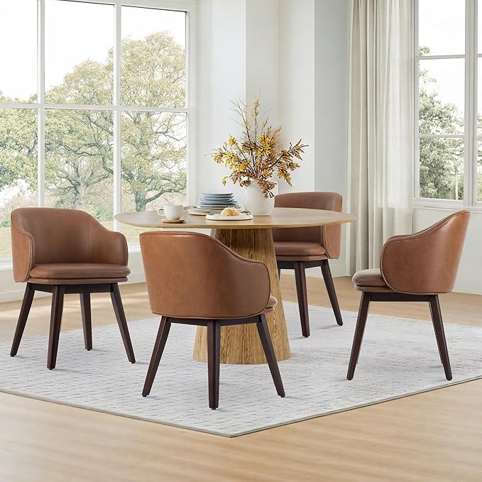 Wooden Dining Chairs Set of 2, Faux Leather Upholstered Modern Dining Room Chairs with Barrel Backrest & Double-Layer Thick Cushion for Living Room, Restaurant, Kitchen and Café, Brown