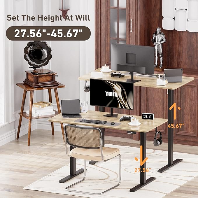 Ywin Electric Height Adjustable Standing Desk with Wheels, 63 x 24 inches Ergonomic Stand Up Desk for Home Office