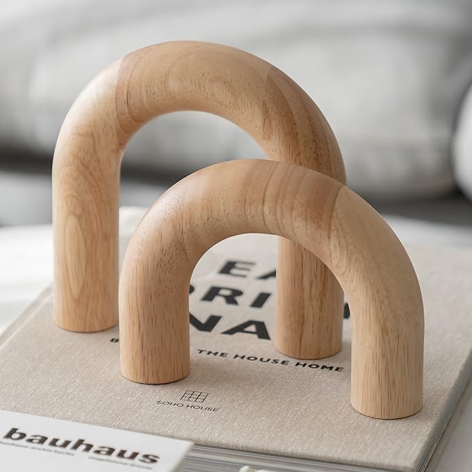 Wood Arch Decorative Objects - Modern Bookshelf Decor, Coffee Table Sculpture, Floating Shelf Decor Accents, Japandi Home Decorations for Side, Console and Entryway Table