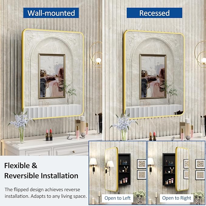 24x30 Inch Bathroom Medicine Cabinet with Mirror Gold Metal Framed Recessed or Surface Wall Mounted Mirrored Medicine Cabinets for Bathroom