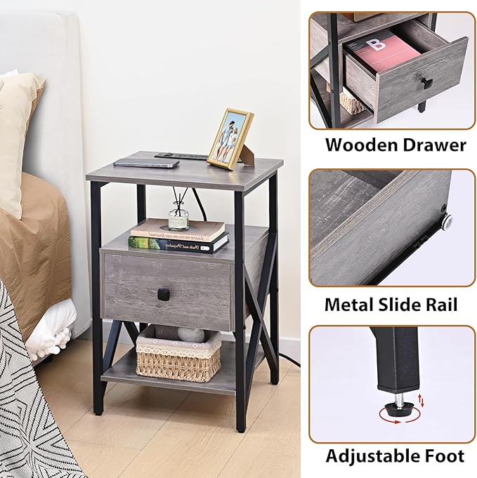 Side Tables with Wireless Charging Station, Grey End Tables Living Room with Charging, Side Tables with Wood Drawer, Night Stands with Storage for Bedroom, Bedside Tables, Living Room