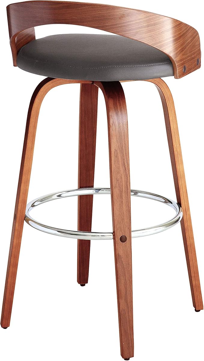Armen Living Sonia 30" Bar Height Swivel Gray Faux Leather and Walnut Wood Bar Stool - Set of 3