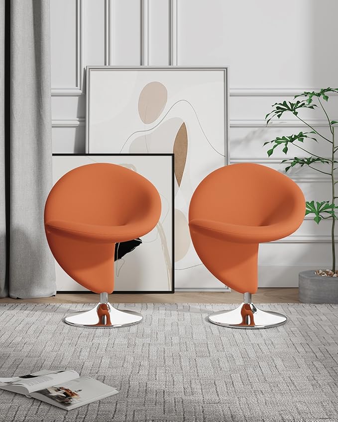 Manhattan Comfort Curl Swivel Accent Chair Set of 1 with 360° Turn, Fully Assembled, Upholstered in Wool Blend, Modern Ergonomic Design with Polished Chrome Base, Set of 1, Orange