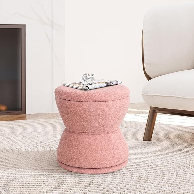 Round Ottoman with Storage, 360° Swivel Boucle Ottoman Vanity Stool, Upholstered Footstool with Storage Removable Lid, Modern Footrest Coffee Table for Living Room, Dorm, Makeup Room, Pink