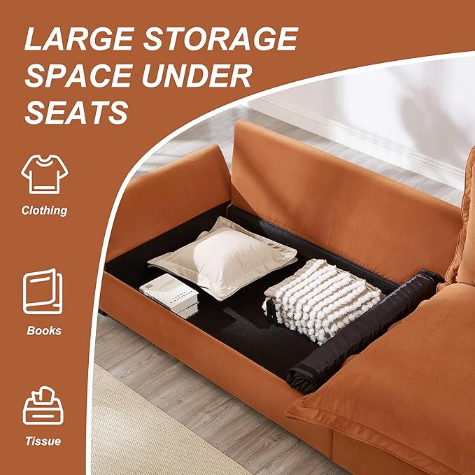 126 Inch Sailing Design Modular Sectional Cloud Sofa with Storage, Modern Deep Seat Couch w/Throw Pillows & Removable Backrest for Living Room Bedroom Apartment,Orange