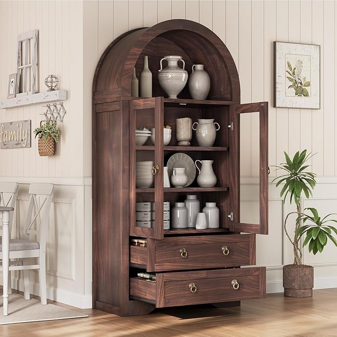 Kitchen Pantry Cabinet, Arched Bookshelf Bookcase China Pantry Storage Cabinet with Drawers Doors and Shelves,71“ Tall Food Pantry Funiture for Living Room,Dining Room (Brown)