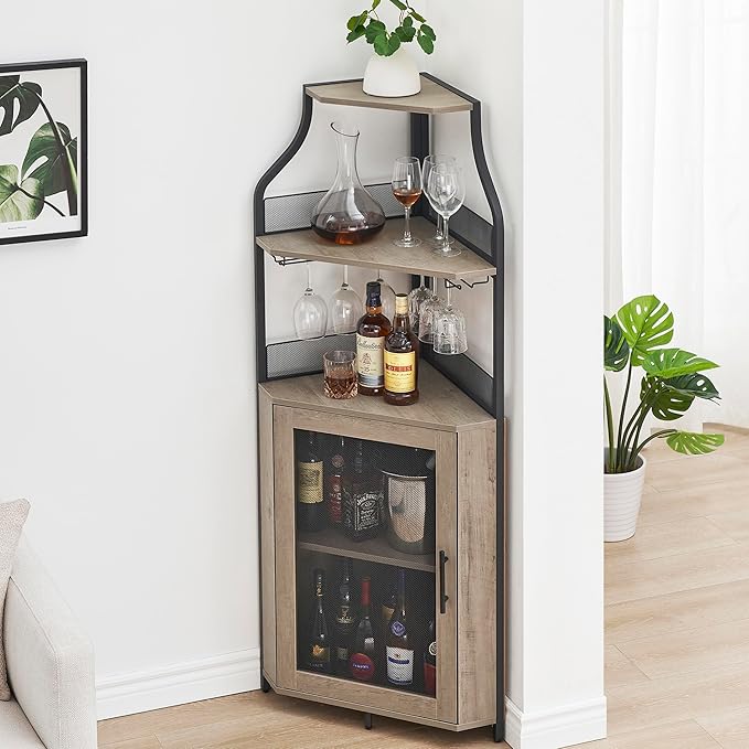 GarveeHome Corner Wine Cabinet with Detachable Wine Rack, 5-Tier Industrial Corner Bar Cabinet with Barn Door and Glass Holder, Farmhouse Buffet Cabinet and Home Bar, Grey