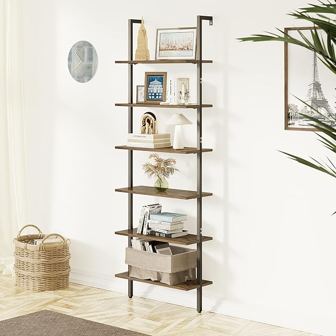 Ladder Shelf Black 6 Tiers Modern Bookshelf Room Organizer Open Tall Wall Mount Bookcase Standing Leaning Wall Shelves Industrial Decorative Living Room Bed Room (Brown)