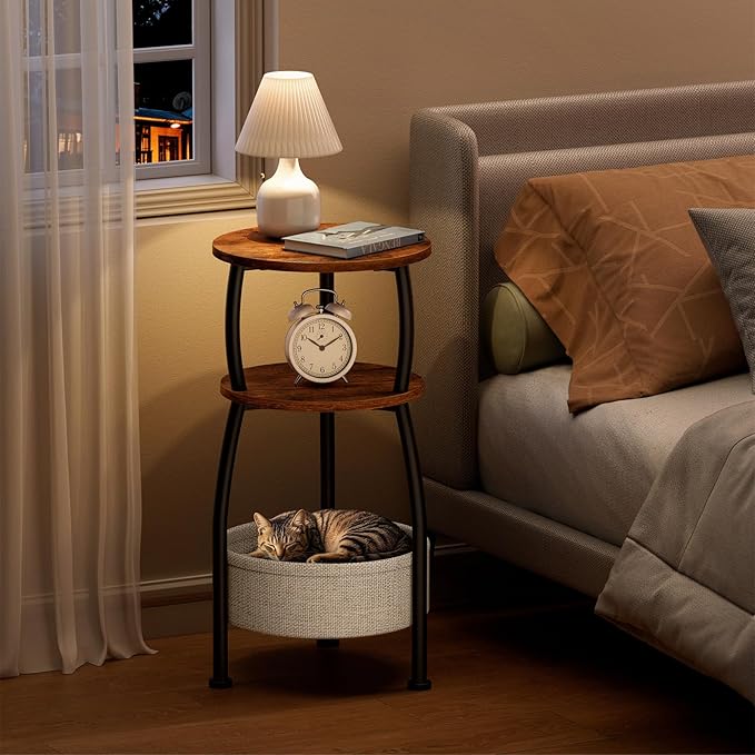 Round Side Table for Small Spaces with Storage Basket –Small End Table 3-Tier Night Stand Sofa Corner Table for Living Room, Bedroom, Patio and More 24in Tall Rustic Brown
