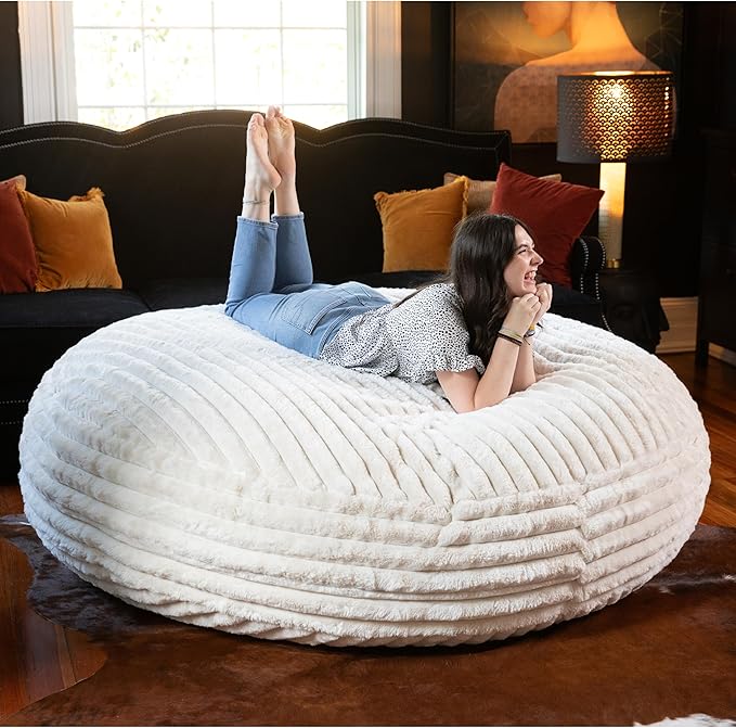Jaxx 6 Foot Cocoon - 2-in-1 Convertible Bean Bag Bed & Large Bean Bag Chair for Adults, Premium Luxe Faux Fur - Mondo Ivory