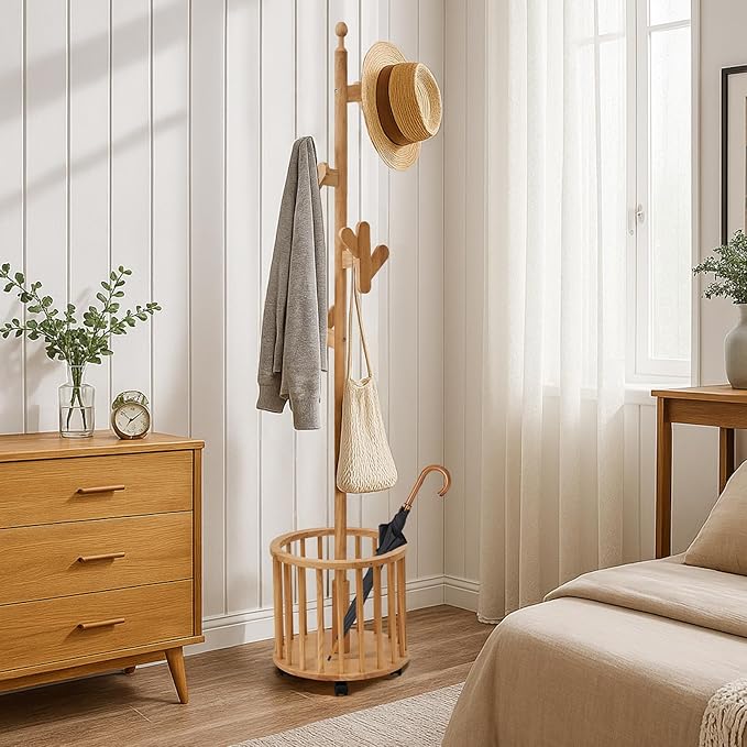 CozyDH Solid Wood Coat Rack Freestanding with Lockable 360° Rotary Casters, Coat Tree Stand with Umbrella Holder & Laundry Basket Storage & 12 Hooks, Natural