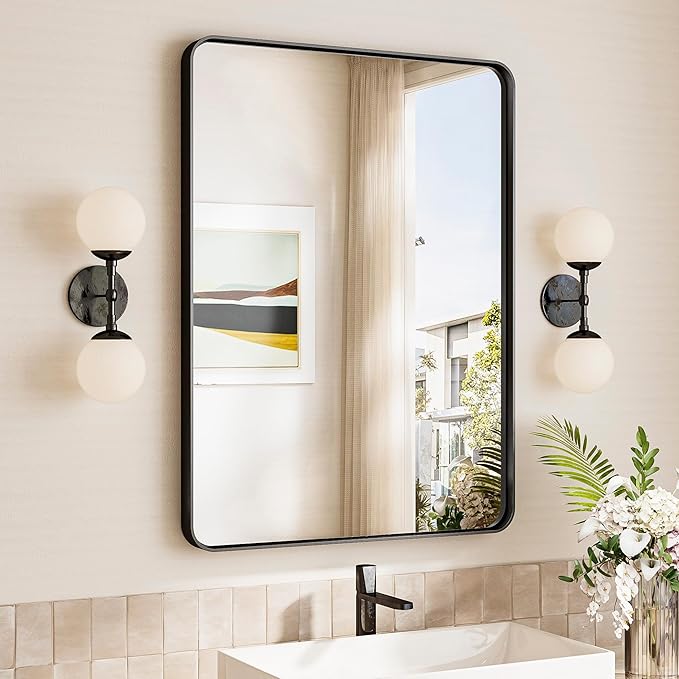 TokeShimi 24x32 Black Bathroom Mirror,Bathroom Vanity Mirror with Tempered Glass,Modern Vanity Wall Mirror for Bathroom with Seamless Aluminum Frame(Horizontal/Vertical)