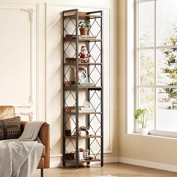 LITTLE TREE Corner Book Shelf, 78.7" Tall Narrow Bookcase, 7-Tier Skinny Wooden Display Shelves with Sturdy Metal Frame for Living Room, Modern Slim Standing Bookshelves for Office Shelf, Small Spaces