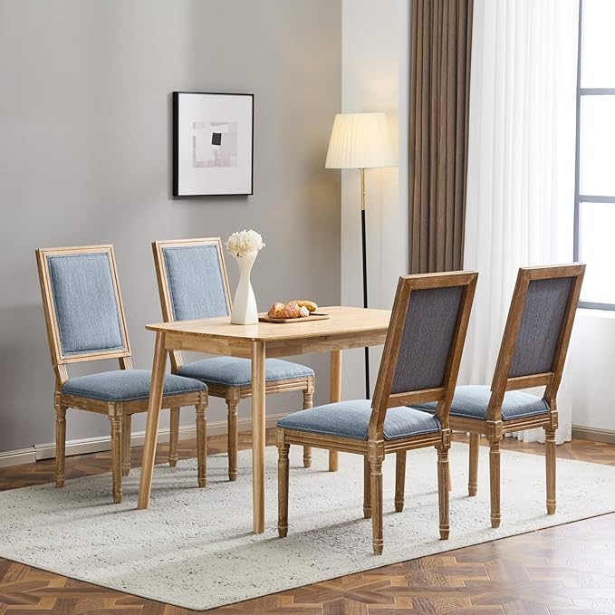 Merax Upholstered Solid Wood Dining Chairs Set of 4, French Country Style Accent Side Seating Furniture for Kitchen, Living Room, Cushioned Back, Slate Blue