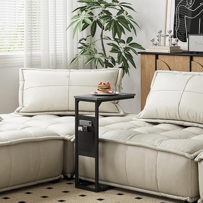 TUTOTAK C Shaped End Table, Side Table for Couch, Sofa Table with Storage Bag, TV Tray for Living Room, Bedroom, Charcoal Grey TB01BY0822