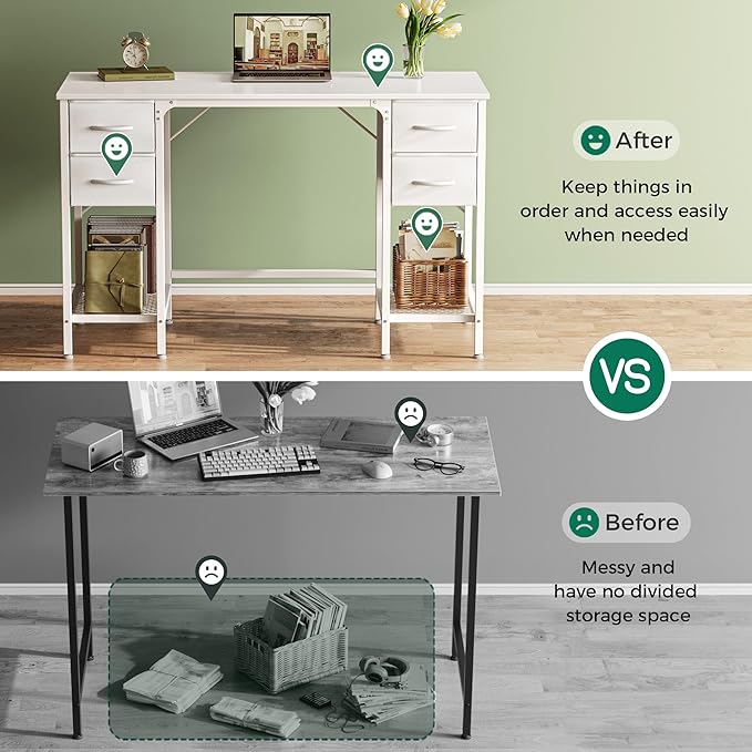 Huuger 47 Inch White Desk with 4 Drawers, Vanity Desk with Mesh Shelf, Study Table with Large Storage, Computer Desk for Home Office, Bedroom, Work from Home
