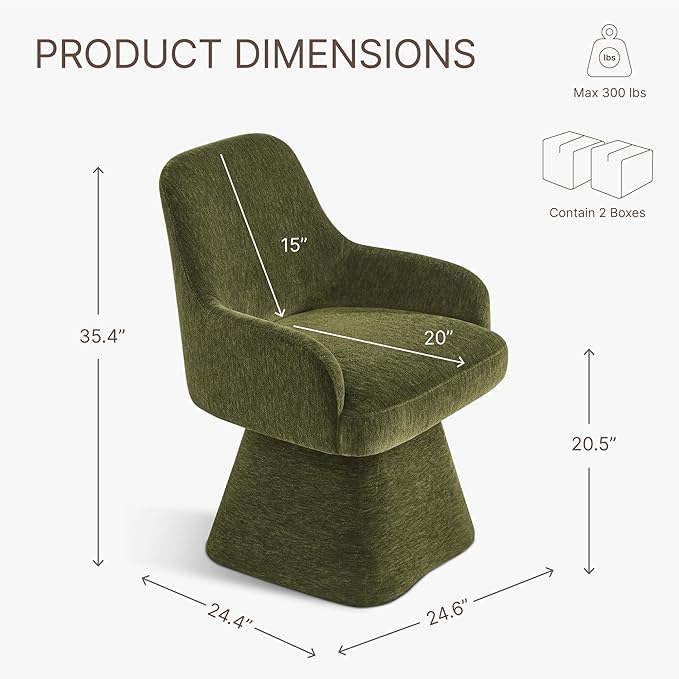 Swivel Dining Chairs Set of 2, Mid Century Modern Chairs Fabric Upholstered Armchair with Armrest & Ergonomic Backrest for Dining Room, Kitchen, Bedroom, Living Room, Green, 2 Boxs