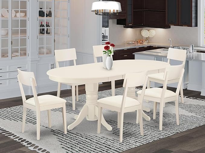 East West Furniture VAAD7-LWH-LC 7 Piece Dinette Set Consist of an Oval Dining Room Table with Butterfly Leaf and 6 Faux Leather Upholstered Dining Chairs, 40x76 Inch, Linen White