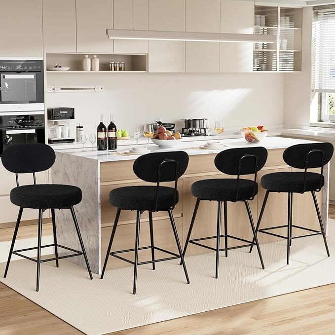 HOMMPA Counter Height Swivel Bar Stools Set of 4 Boucle Barstools 26'' Upholstered Modern Counter Barstools with Back Metal Legs Bar Stools Chairs for Kitchen Counter Island Black