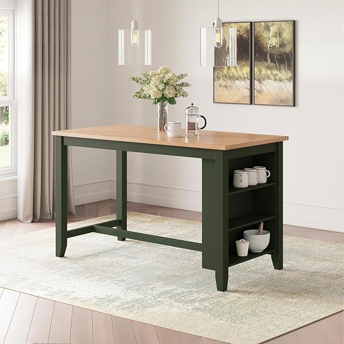 Signature Design by Ashley Gesthaven Modern Counter Height Dining Table with 3 Shelves and Trestle Base, Light Brown & Green