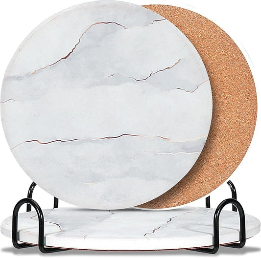 3-Pcs 7'' Ceramic Marble Style Trivet with Holder, Absorbent Trivets for Hot Dishes, Cork Bottom Anti-Slip Trivet Mats for Hot Pots and Pans