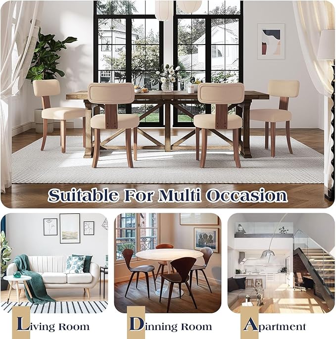 Farmhouse Chair Set of 4, Mid Century Modern Dining Chairs, Sherpa Upholstered Kitchen Chairs with Curved Backrest & Adjustable Legs for Living Room/Bedroom, Easy to Install, Beige Linen