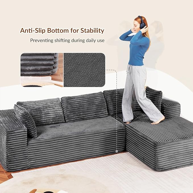 COMHOMA 105”Modular Sectional Sofa with Deep Seat,Cloud Upholstered L-Shape Couch Wide Arms Corduroy Fabric High-Density Foam Chaise Lounge for Living Room No Assembly Required