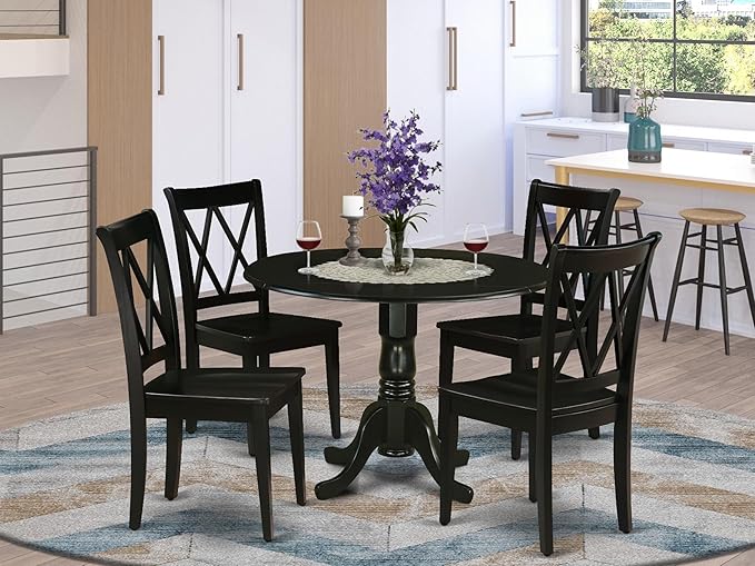 East West Furniture DLCL5-BLK-W 5 Piece Dining Table Set for 4 Includes a Round Kitchen Table with Dropleaf and 4 Dining Room Chairs, 42x42 Inch, Black