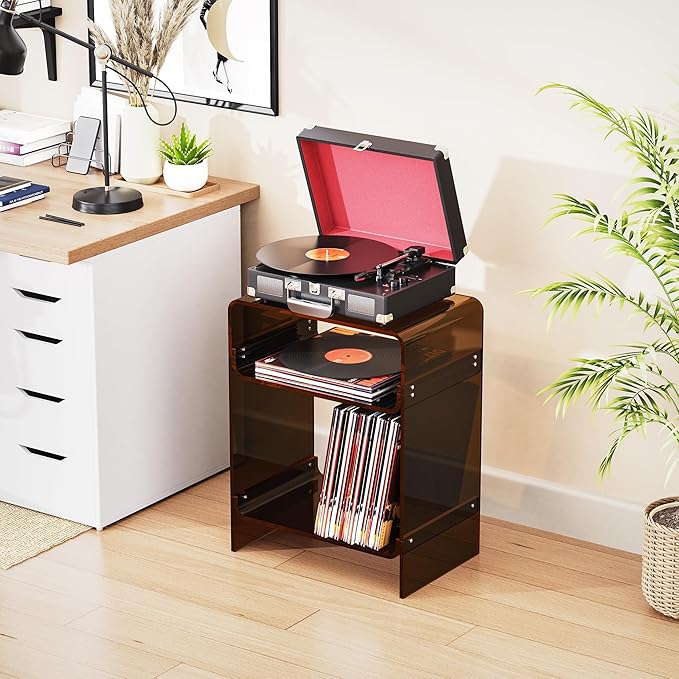 Acrylic Record Player Table with Storage Shelf, Clear Side Table Nightstand (Dark Brown)
