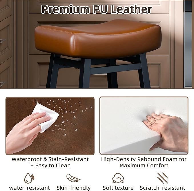 Counter Height Bar Stools Set of 2, 24 Inch Backless BarStools for Kitchen Island Leather Saddle Bar Chairs Kitchen Stools with 4" Thick Seats & Heavy Duty Metal Base, Brown