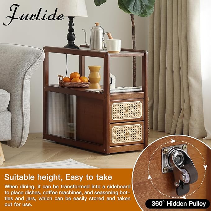 Rattan Nightstand Side Table with Storage, Bamboo Nightstand Bedside Table, Glass Mid Century Modern End Tables for Small Spaces, Living Room, Bedroom，Walnut